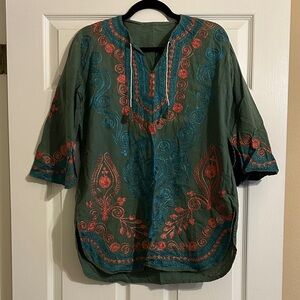 Handmade Embroidered Tunic Green with Turquoise and Orange Embroidery